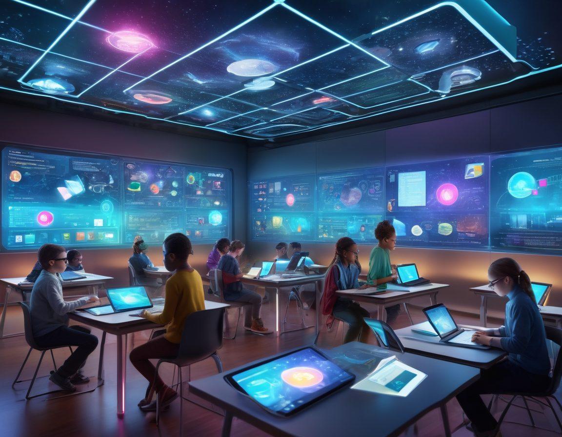 A futuristic classroom representing digital learning, with students using various devices like tablets and laptops, surrounded by floating holograms of educational resources and timelines. The environment is bright and engaging, featuring colorful infographics and virtual reality elements that symbolize the evolution of education. Include a diverse group of learners, showcasing collaboration and innovation. vibrant colors. 3D. super-realistic.