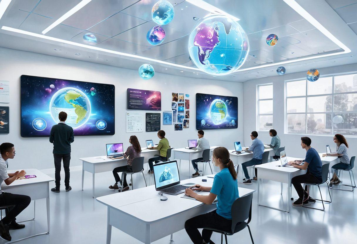 A futuristic digital classroom filled with diverse students interacting with holographic learning tools, vibrant screens displaying educational content, and floating 3D elements like books and globes. The atmosphere is bright and engaging, symbolizing modern education. The setting should be colorful and immersive, highlighting technology's role in learning. super-realistic. vibrant colors. white background.