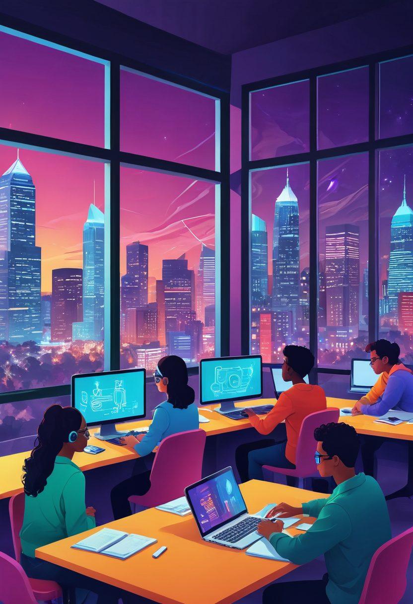 A dynamic and colorful illustration featuring a virtual classroom filled with diverse students engaged in various innovative learning tools like tablets and VR headsets. Include visual representations of interactive digital quizzes, gamified learning elements, and collaborative projects on screen. The background should show a futuristic cityscape through a large window, symbolizing the endless possibilities of online education. Vibrant colors. digital art. modern aesthetic.